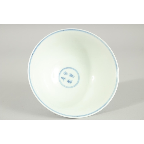 63 - A CHINESE BLUE AND WHITE PORCELAIN STEM BOWL, decorated with phoenix and flora, 17cm diameter.