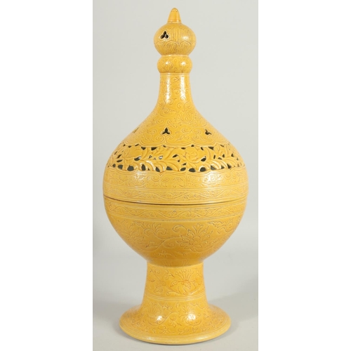 69 - A CHINESE MING STYLE YELLOW GLAZE PORCELAIN INCENSE BURNER, with incised foliate decoration, the cov... 