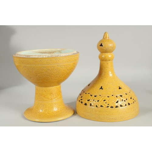 69 - A CHINESE MING STYLE YELLOW GLAZE PORCELAIN INCENSE BURNER, with incised foliate decoration, the cov... 