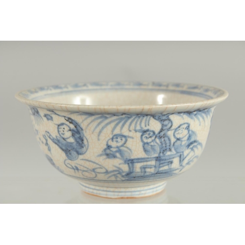 85 - A CHINESE BLUE AND WHITE PORCELAIN BOWL, painted with boys, 14cm diameter.