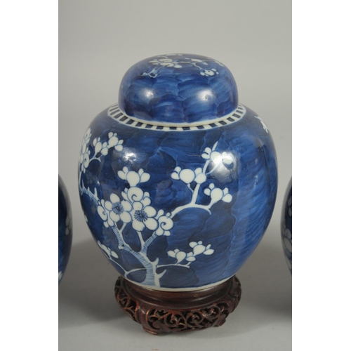 9 - THREE CHINESE BLUE AND WHITE PRUNUS JARS AND COVERS, two with wooden covers and one with wooden stan... 