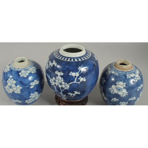 9 - THREE CHINESE BLUE AND WHITE PRUNUS JARS AND COVERS, two with wooden covers and one with wooden stan... 