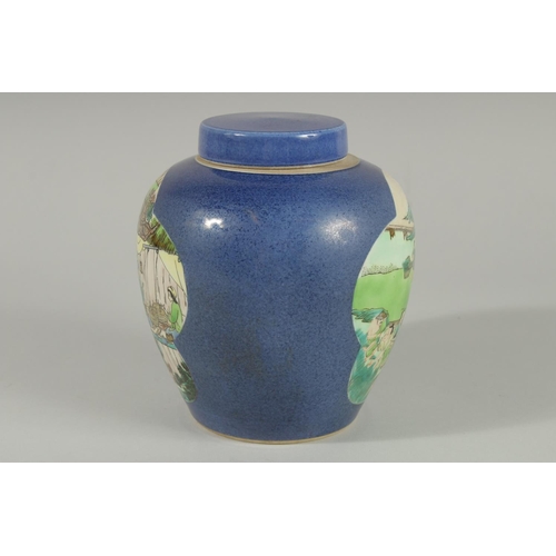 91 - A CHINESE REPUBLIC PERIOD BLUE GROUND FAMILLE VERTE JAR AND COVER, 17.5cm high.