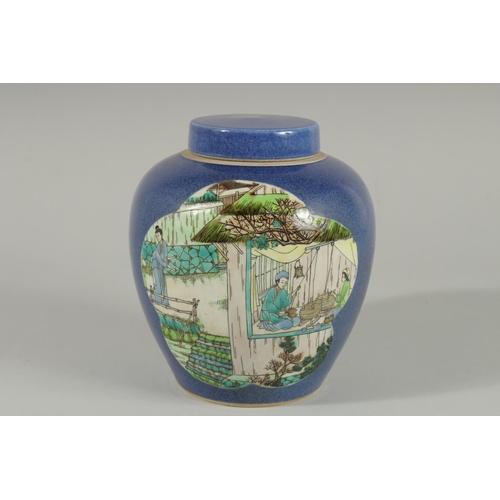 91 - A CHINESE REPUBLIC PERIOD BLUE GROUND FAMILLE VERTE JAR AND COVER, 17.5cm high.