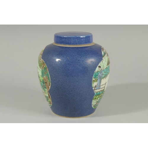 91 - A CHINESE REPUBLIC PERIOD BLUE GROUND FAMILLE VERTE JAR AND COVER, 17.5cm high.