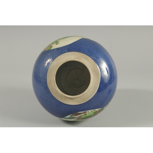 91 - A CHINESE REPUBLIC PERIOD BLUE GROUND FAMILLE VERTE JAR AND COVER, 17.5cm high.