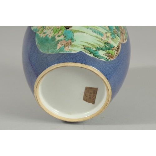 91 - A CHINESE REPUBLIC PERIOD BLUE GROUND FAMILLE VERTE JAR AND COVER, 17.5cm high.