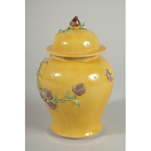 92 - A CHINESE QING DYNASTY YELLOW GROUND SANCAI GINGER JAR AND COVER, relief decorated with blossoming p... 