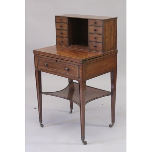 1003 - A GOOD GEORGE III MAHOGANY BONHEUR DU JOUR the top fitted with four small drawers either side of ope... 