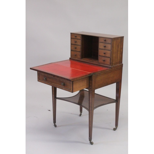 1003 - A GOOD GEORGE III MAHOGANY BONHEUR DU JOUR the top fitted with four small drawers either side of ope... 