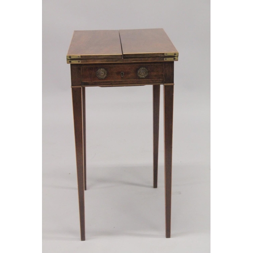 1004 - A GOOD GEORGE III MAHOGANY TEA TABLE with folding flaps, fitted drawers below with sewing slide, the... 