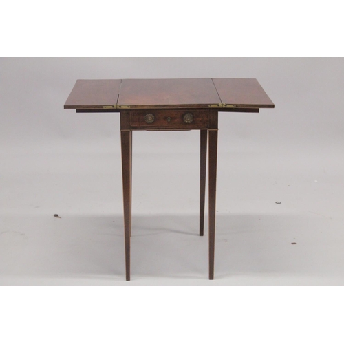 1004 - A GOOD GEORGE III MAHOGANY TEA TABLE with folding flaps, fitted drawers below with sewing slide, the... 