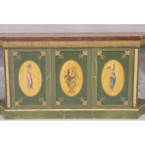 1007 - A VERY GOOD PAIR OF PAINTED SHERATON SIDE CABINETS, FAUX SATINWOOD, painted with garlands, the front... 