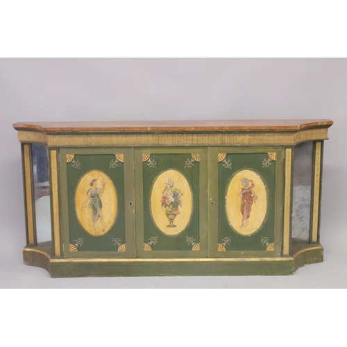 1007 - A VERY GOOD PAIR OF PAINTED SHERATON SIDE CABINETS, FAUX SATINWOOD, painted with garlands, the front... 