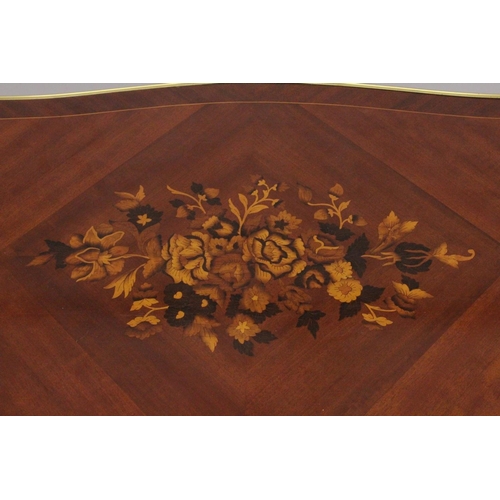 1009 - A LOUIS XVITH STYLE MAHOGANY INLAID COFFEE TABLE with floral crossbanded  legs on curving legs. 4ft ... 