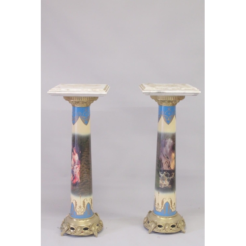 1033 - A VERY GOOD NEAR PAIR OF SEVRES DESIGN PORCELAIN, COLOURED COLUMNS with metal tops