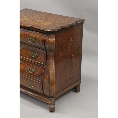 1046 - AN 18TH CENTURY, DUTCH MARQUETRY, SHAPED FRONT COMMODE with four long shaped graduated drawers with ... 