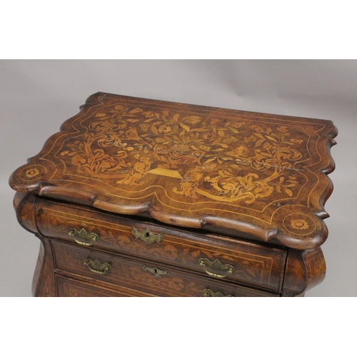 1046 - AN 18TH CENTURY, DUTCH MARQUETRY, SHAPED FRONT COMMODE with four long shaped graduated drawers with ... 