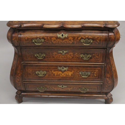 1046 - AN 18TH CENTURY, DUTCH MARQUETRY, SHAPED FRONT COMMODE with four long shaped graduated drawers with ... 