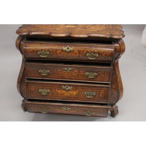 1046 - AN 18TH CENTURY, DUTCH MARQUETRY, SHAPED FRONT COMMODE with four long shaped graduated drawers with ... 