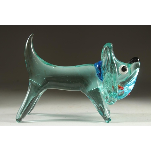 1101 - AN ITALIAN GLASS DOG with blue collar,  ruby tongue and black eyes. 8ins long.