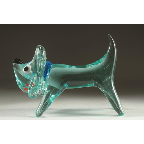 1101 - AN ITALIAN GLASS DOG with blue collar,  ruby tongue and black eyes. 8ins long.