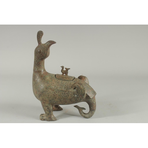 1254 - A GOOD ARCHAIC BRONZE BIRD CENSER 11ins high.