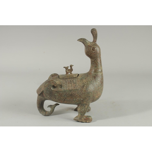 1254 - A GOOD ARCHAIC BRONZE BIRD CENSER 11ins high.