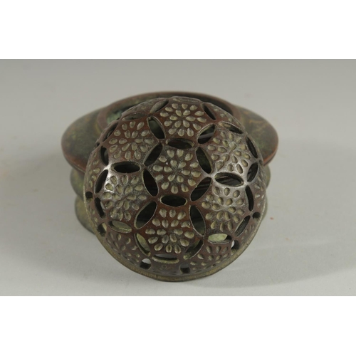 1263 - A CHINESE CIRCULAR BRONZE CENSER AND COVER 5ins diameter.