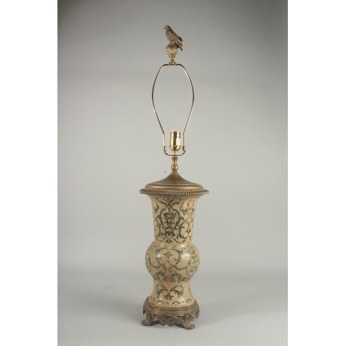 1265 - A GOOD GREEN PORCELAIN LAMP VASE on a bronze stand. Vase: 16ins.