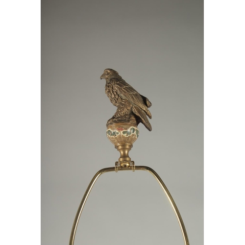 1265 - A GOOD GREEN PORCELAIN LAMP VASE on a bronze stand. Vase: 16ins.