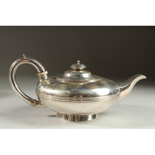 1951 - A GOOD VICTORIAN SILVER CIRCULAR TEAPOT by BENJAMIN SMITH. London 1840.  Weight 17ozs.