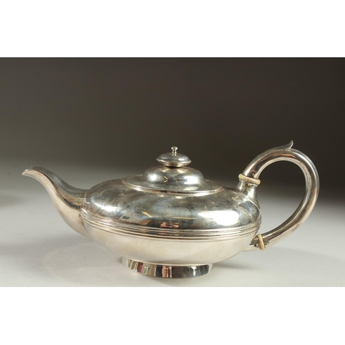 1951 - A GOOD VICTORIAN SILVER CIRCULAR TEAPOT by BENJAMIN SMITH. London 1840.  Weight 17ozs.