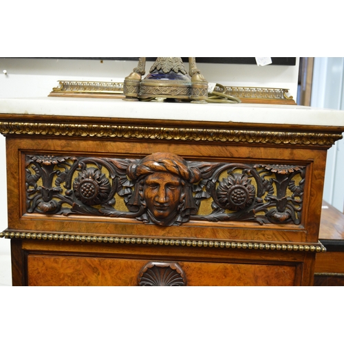 1043 - A GOOD GILLOW MODEL BURR WOOD WALNUT AND MARBLE SECTIONAL SIDE CABINE with ormolu mounts, 8ft 7ins l... 