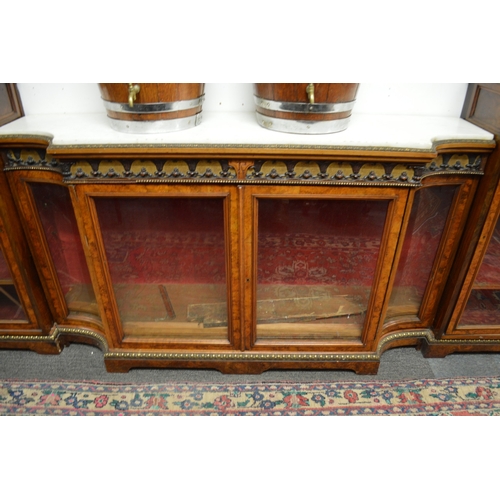 1043 - A GOOD GILLOW MODEL BURR WOOD WALNUT AND MARBLE SECTIONAL SIDE CABINE with ormolu mounts, 8ft 7ins l... 