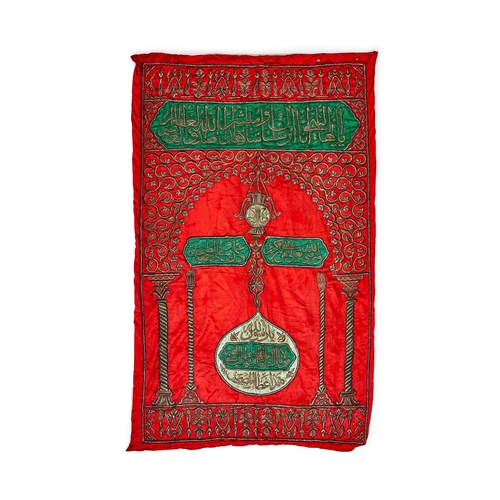 396 - A LARGE ISLAMIC OTTOMAN SILK AND METAL-THREADED CURTAIN / QURAN COVER.