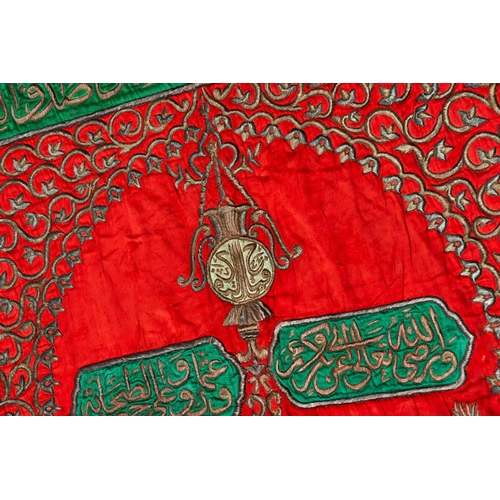 396 - A LARGE ISLAMIC OTTOMAN SILK AND METAL-THREADED CURTAIN / QURAN COVER.