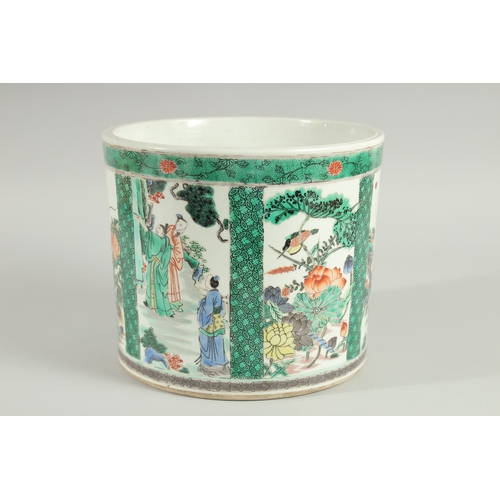 102 - A LARGE CHINESE FAMILLE VERTE PORCELAIN BRUSH POT, painted with panels of figures, flora and fauna, ... 