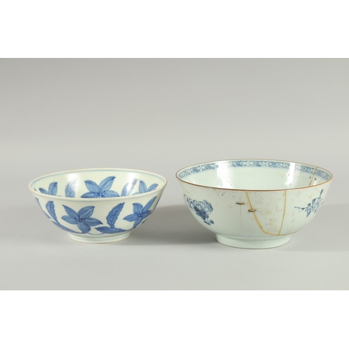 105 - TWO CHINESE BLUE AND WHITE PORCELAIN BOWLS, one bowl possibly Ming dynasty, (af), (2).