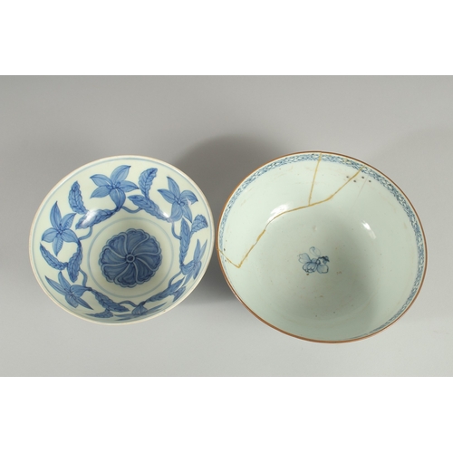 105 - TWO CHINESE BLUE AND WHITE PORCELAIN BOWLS, one bowl possibly Ming dynasty, (af), (2).