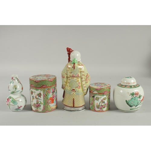 11 - FIVE CHINESE PORCELAIN ITEMS; including two Canton famille rose pots and covers, a figure of an immo... 