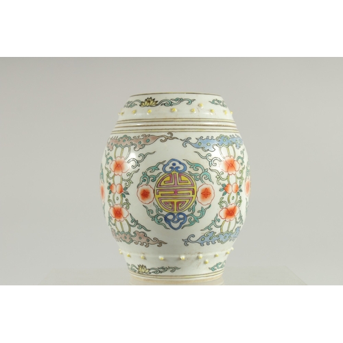 111 - A CHINESE BARREL-FORM PORCELAIN JAR AND COVER, painted with longevity symbol, base with six-characte... 