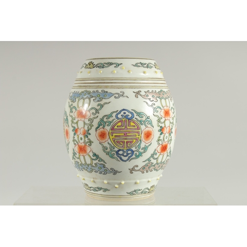 111 - A CHINESE BARREL-FORM PORCELAIN JAR AND COVER, painted with longevity symbol, base with six-characte... 