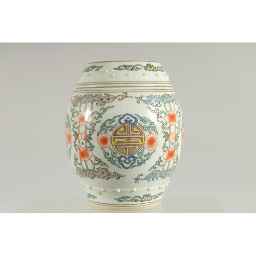 111 - A CHINESE BARREL-FORM PORCELAIN JAR AND COVER, painted with longevity symbol, base with six-characte... 