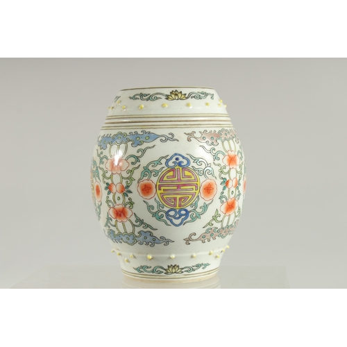 111 - A CHINESE BARREL-FORM PORCELAIN JAR AND COVER, painted with longevity symbol, base with six-characte... 