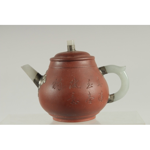 116 - A CHINESE JADE MOUNTED YIXING TEAPOT.