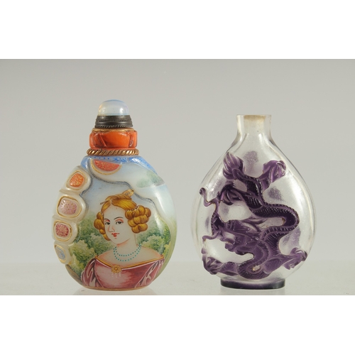 118 - TWO CHINESE PEKING GLASS SNUFF BOTTLES, one painted with European subject.