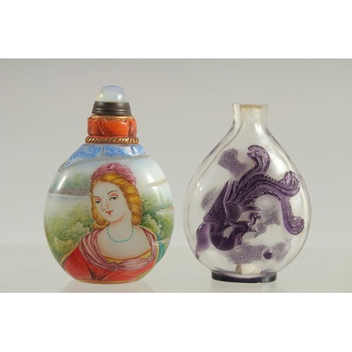 118 - TWO CHINESE PEKING GLASS SNUFF BOTTLES, one painted with European subject.