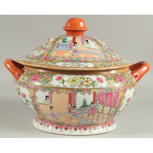 12 - A CHINESE CANTON FAMILLE ROSE PORCELAIN TUREEN AND COVER, painted with panels of scenes with figures... 