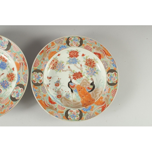 132 - A PAIR OF CHINESE POLYCHROME PORCELAIN PLATES, with enamel painted decoration depicting a peacock an... 